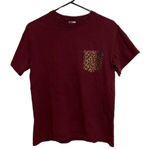 Burgundy Short Sleeve Shirt Leopard Print Front Pocket Size Small